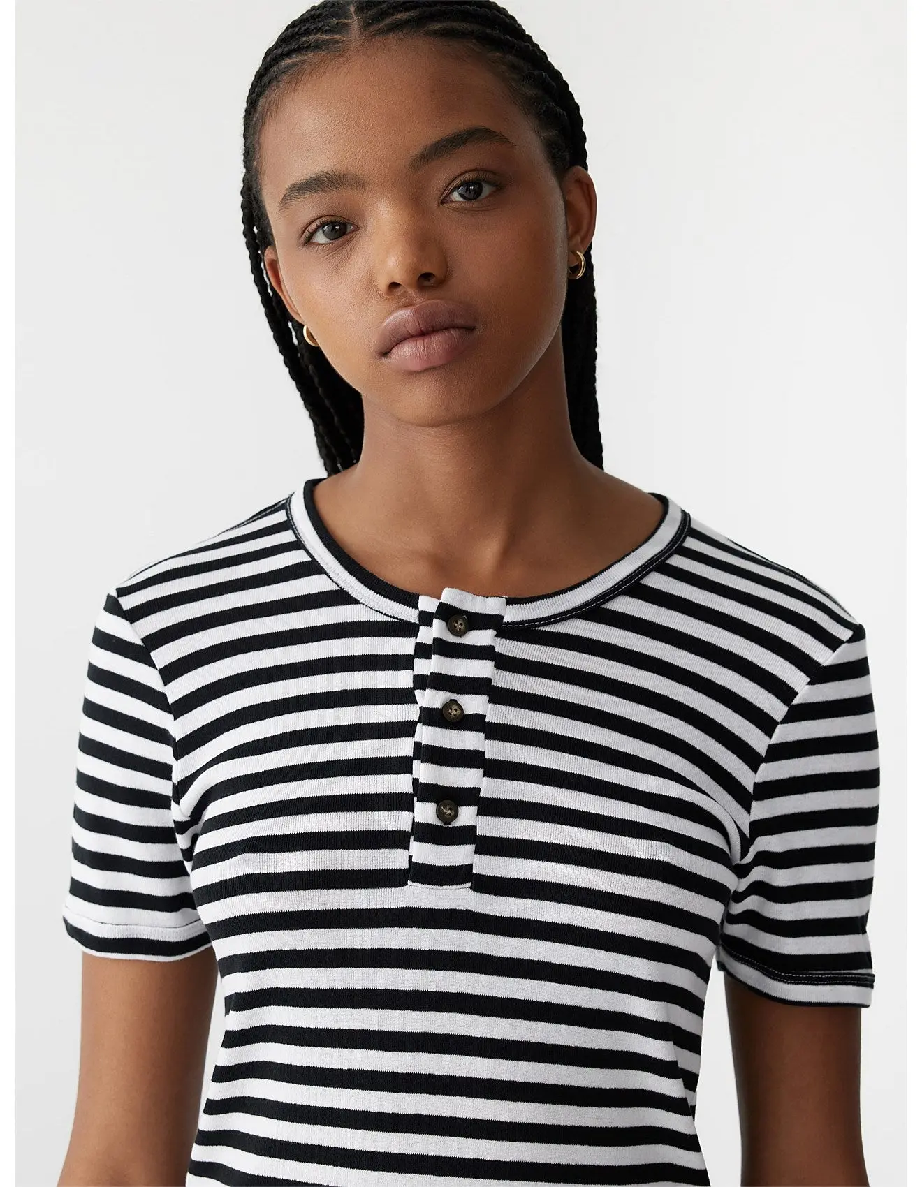 Stripe Rib Placket Short Sleeve Tshirt Black/White - Image 5